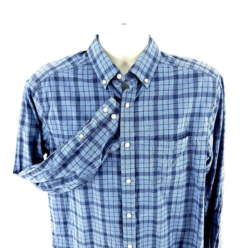 Nautica Classic Fit Medium Blue Plaid Pocket Front Cotton Button Down